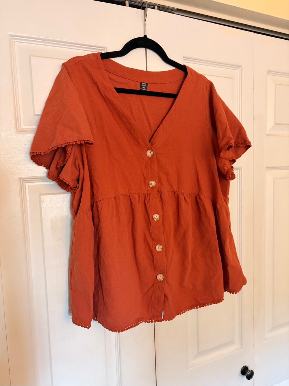 SHEIN Burnt Orange Button-Front V-Neck Peplum Blouse